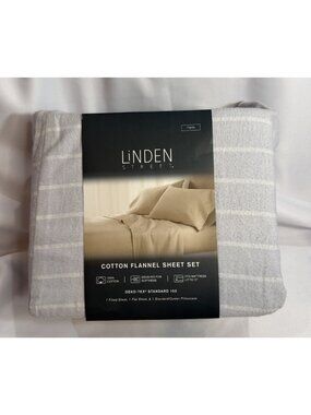 Linden Street Twin Size Flannel Sheet Set Winter Gray Stripe Flat Fitted *T13